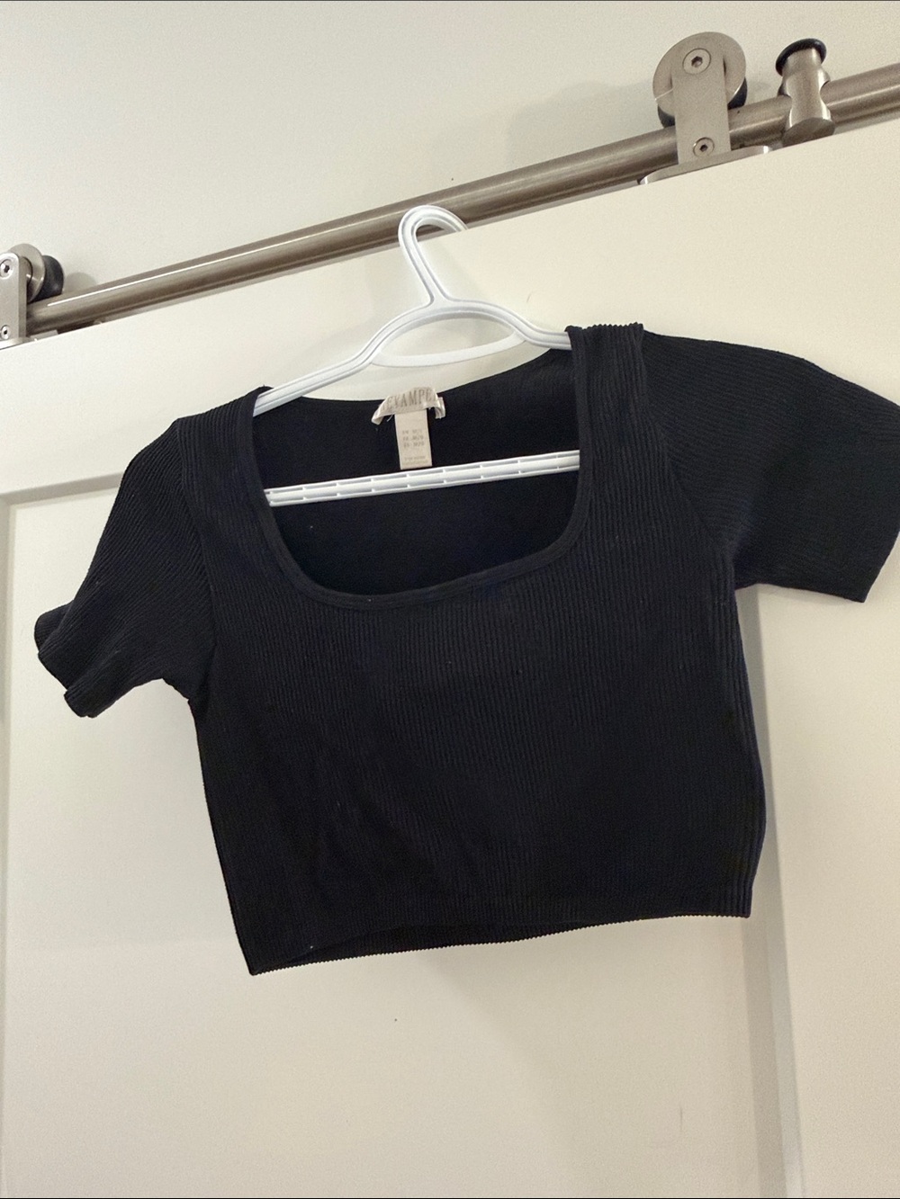 Revamped Black Ribbed Square-Neck Short Sleeve Crop Top